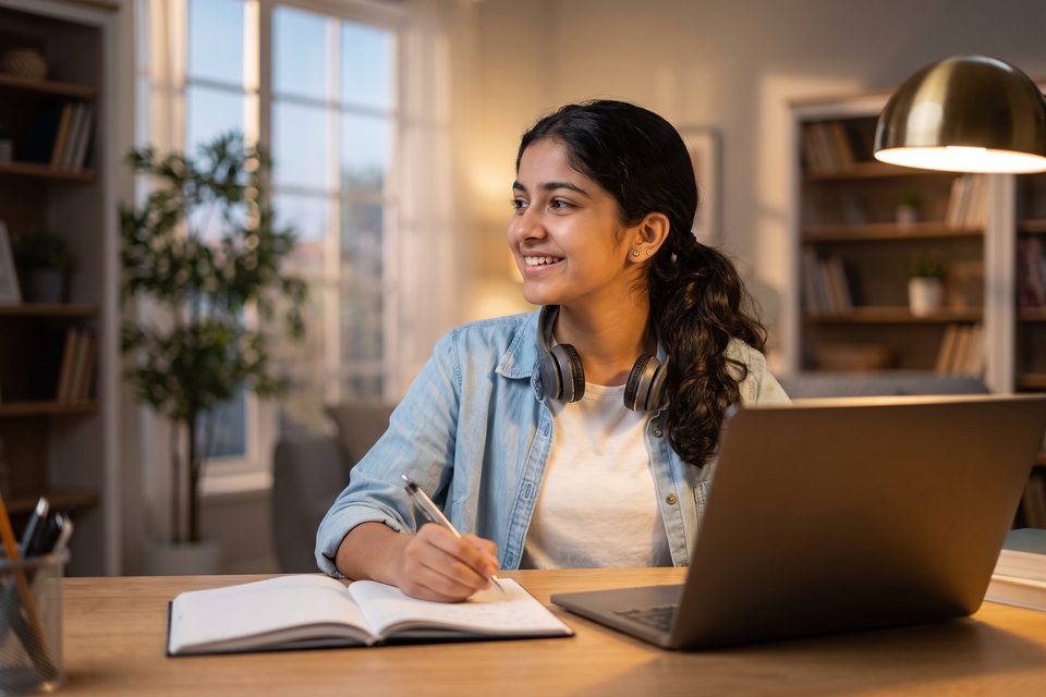A girl at her evening desk writes down a step while talking to a tutor on her laptop