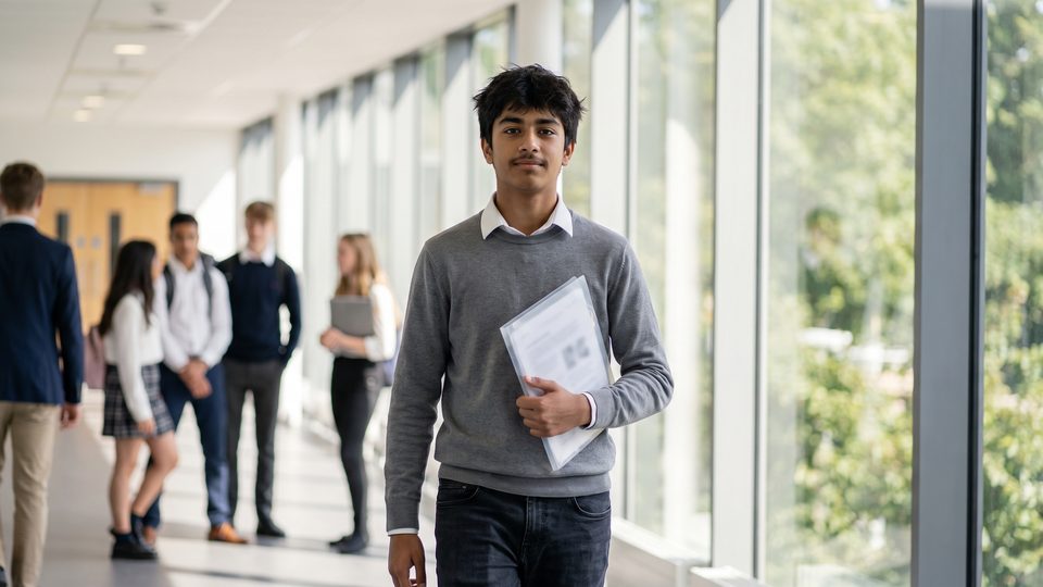 A teenage boy walks calmly down a sunlit school corridor before an exam