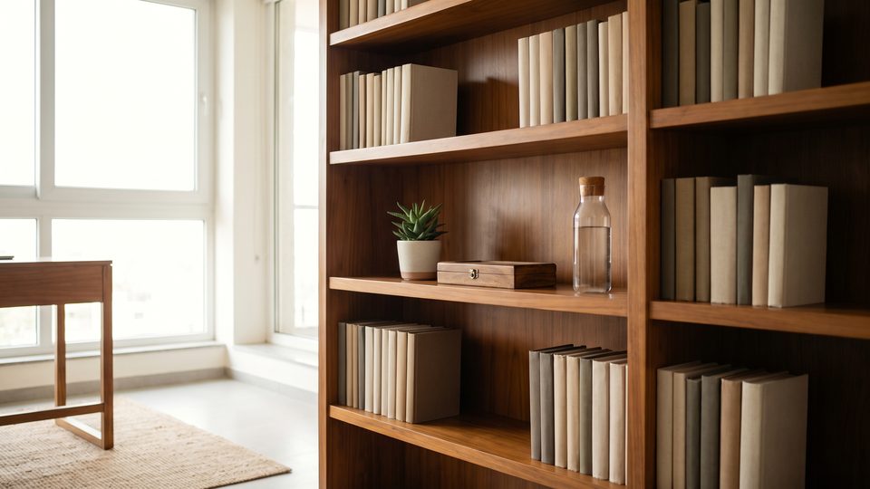 Neatly arranged school books, a plant and a geometry box on a bright built-in bookshelf