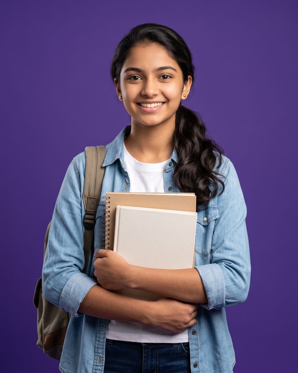 A smiling teenage girl in a denim shirt holds her books against a purple background