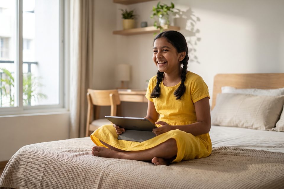 A young girl sitting on her bed thinks about a question on a tablet held on her knees