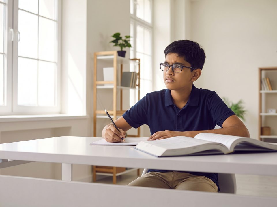 A boy in glasses pauses over his notebook, unsure how to start an unfamiliar question