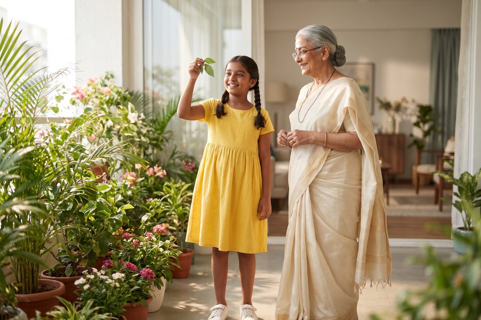 A girl explains a leaf to her grandmother on a sunlit terrace garden